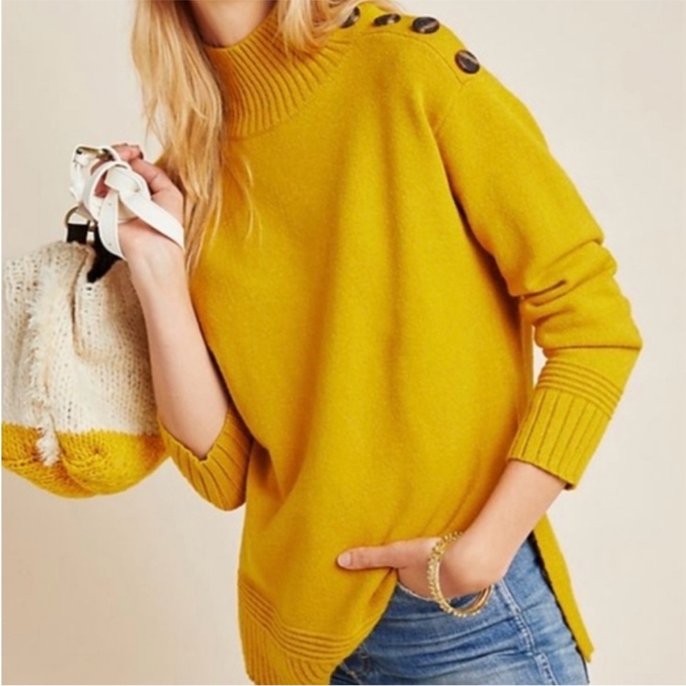 Anthropologie Yellow Button-Accent Turtleneck Sweater